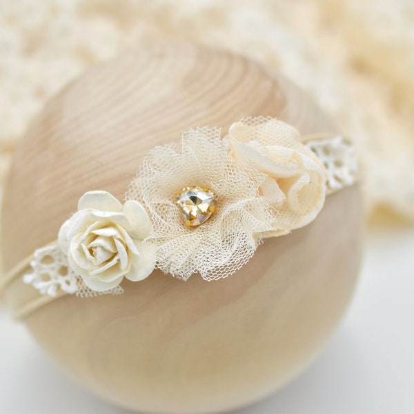 Elegant tulle lace flower headband, ivory headband, photo prop, baby halo, newborn flower crown, tulle, rhinestone, neutral, sitter, toddler