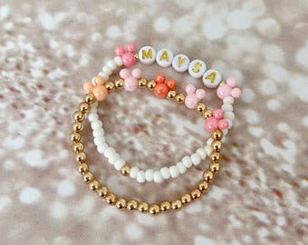 Pulsera personalizada de Mickey Mouse, nombre de niño, juego de 2 pulseras personalizadas de Mickey, regalo personalizado para niños, pulsera de la amistad, orejas de Mickey