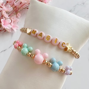 Juego de 2 pulseras con nombre y cuentas de Mickey Mouse, pulsera de Mickey con corazón de estrella, pulsera con nombre personalizado con letras rosas, pulsera para niños, regalo para niñas