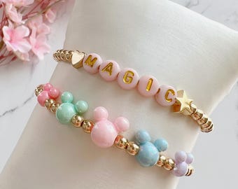 Juego de 2 pulseras con nombre y cuentas de Mickey Mouse, pulsera de Mickey con corazón de estrella, pulsera con nombre personalizado con letras rosas, pulsera para niños, regalo para niñas