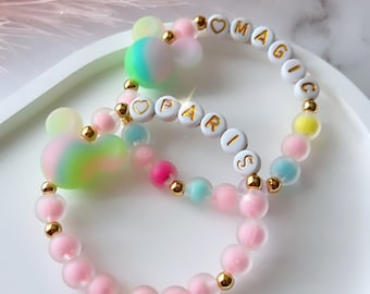 Pulsera Mickey brilla en la oscuridad, nombre personalizado, cuentas luminosas, pulsera personalizada, cuentas brillantes, regalo de cumpleaños, Minnie, joyería Mickey