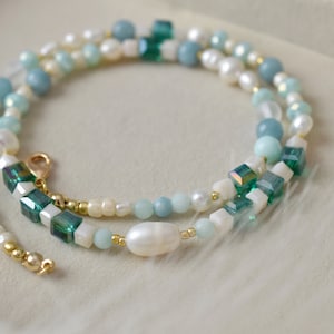 Green and white freshwater pearl beaded necklace, mix gemstone necklace, glass beads, seed bead necklace, beaded choker, Christmas gift