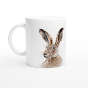 White Ceramic Mug 11oz with Bunny/Hare Print - Cute Animal Design Coffee Cup