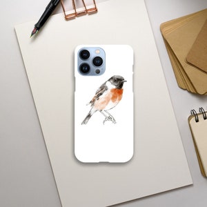May include: White phone case featuring a watercolor illustration of a small bird with a black head, orange chest, and gray wings. The bird is perched on a white background. The phone case has multiple camera lenses.
