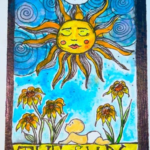 Carta del Tarot "El Sol" pintada a mano: acuarela, arte original, decoración de pared (sin marco)