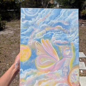 Fairy in the Clouds Painting: Whimsical Pastel Acrylic Canvas (16x12)