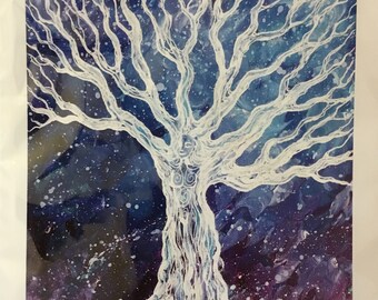 May include: White tree with intricate branches and roots against a dark blue, purple, and white background with white speckles. The tree is painted in a white watercolor style. The artist's signature, "Bowden R. Valdespin", is in the bottom right corner. The word "MELIAD" is in the bottom left corner.