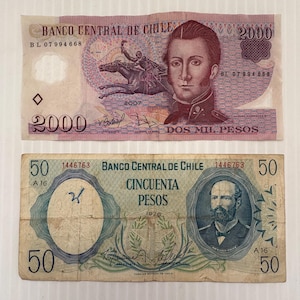 Chile 2000 and 50 Pesos Lot of 2 Vintage Banknotes