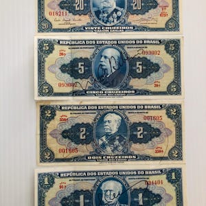 Brazil 1940s-1950s Lot of 4 Vintage Cruzeiro Banknotes Hand Signed Issues
