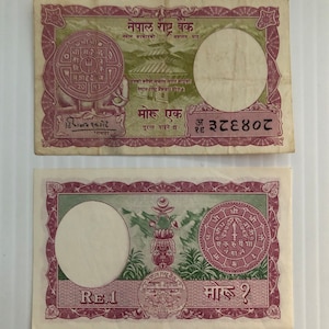 Nepal 1 Rupee 1950er Jahre Alter Vintage Geldschein Verziert, Tempel, Gebirge