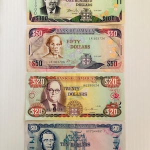 Jamaica 100, 50, 20, 10 Dollars Lot of 4 Vintage Banknotes Colorful