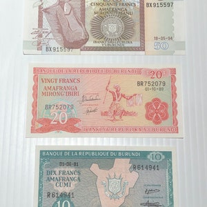 Billetes de Burundi de 50, 20 y 10 francos de los años 1980-1990 Lote de 3 crujientes