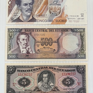 Ecuador 5000, 500, 5 Sucres 1970s-1990s Lot of 3 Banknotes Ornate