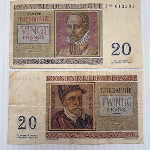 Belgium 20 Francs 1950s Colorful Vintage Ornate Note