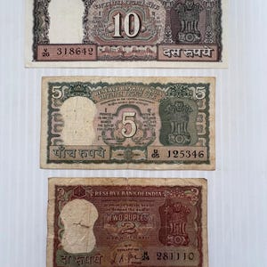 India 10, 5, 2 Rupees 1970s-1980s Lot of 3 Old Vintage Colorful Notes