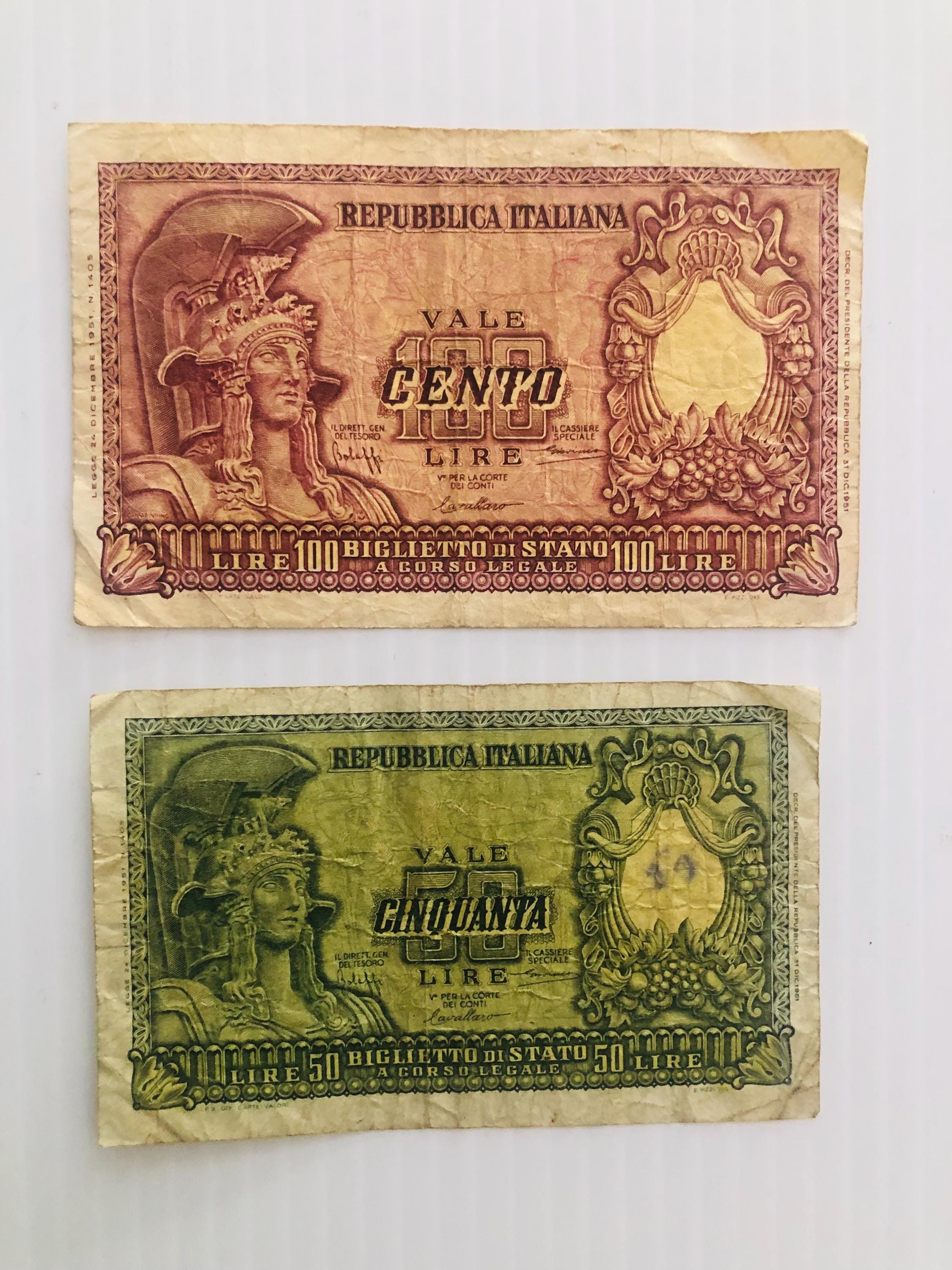 イタリア 100 リラと 50 リラ 1950 年代 ヴィンテージ小型紙幣 2 枚