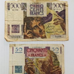 Frankreich 500 und 50 Francs 1940er-1950er Jahre Bunte Banknoten Lot von 2 Vintage Banknoten Pre-Euro