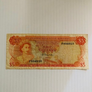 Bahamas 5 Dollars 1960s-1970s Queen Elizabeth 2, Bauschöne Bunte Banknote
