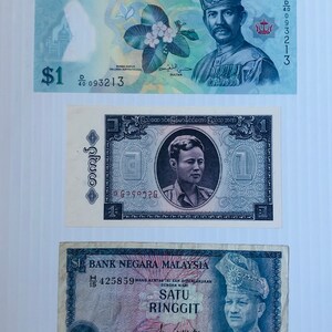 Lotto di 3 banconote del Sud-est asiatico: Brunei, Birmania (Myanmar), Malesia