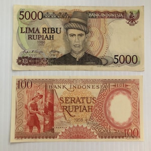 Indonesia 5000 Rupiah 1986 and 100 Rupiah 1958 Lot of 2 Banknotes Colorful