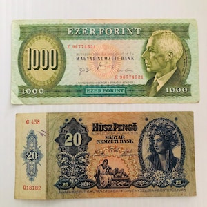 Hungary 1000 Korona 1990s and 20 Pengo 1940s Lot of 2 Vintage Ornate Banknotes