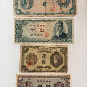 Korea 1940s-1960s Lot of 4 Vintage Banknotes