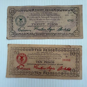 Philippines 20, 10 Pesos 1940s World War 2 Guerrilla Pre-Independence Lot of 2 Vintage Banknotes