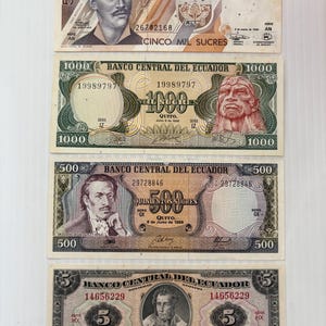 Ecuador 5000, 1000, 500, 5 Sucres 1980s-1990s Lot of 4 Banknotes Ornate