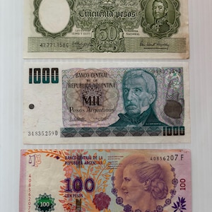 Argentina 50 Pesos, 1 Austral, 100 Pesos Lot of 3 Vintage Colorful Banknotes