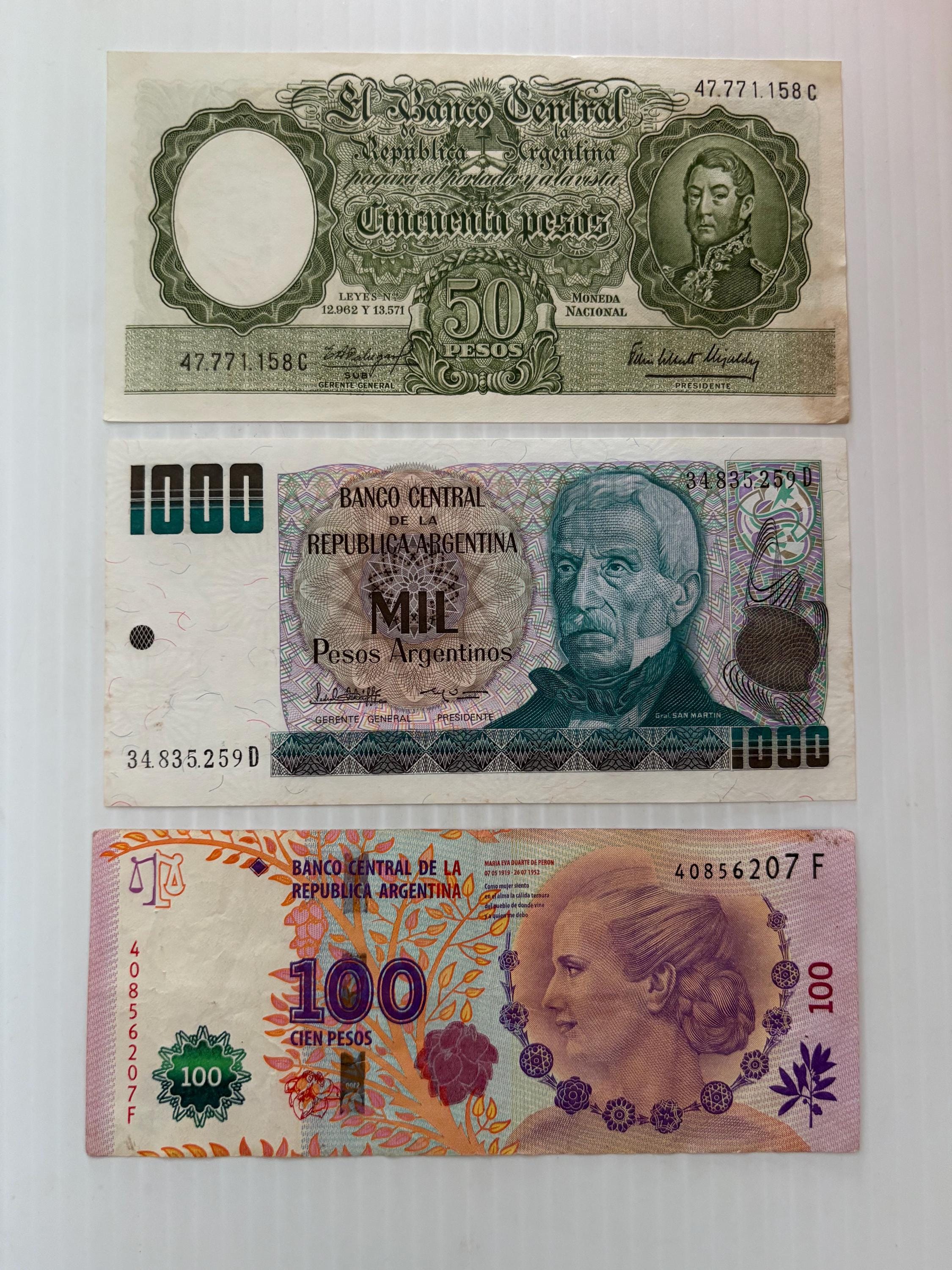 Argentina 50 Pesos, 1 Austral, 100 Pesos Lot of 3 Vintage Colorful  Banknotes - Etsy India