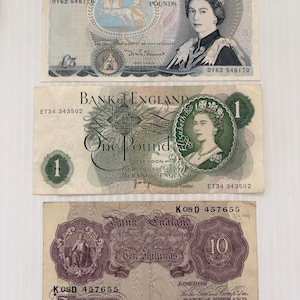 England United Kingdom 5 Pounds, 1 Pound, 10 Shillings Lot of 3 Vintage Banknotes Queen Elizabeth II 1940s-1980s