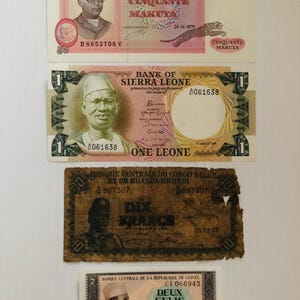 Lot of 4 African Vintage Banknotes: Zaire, Sierra Leone, Belgian Congo, Guinea 1950s-1980s Colorful