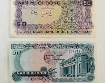 Lote de 2 billetes de 50 dongs de Vietnam (del Sur), década de 1960