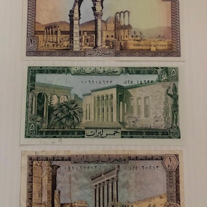 Lebanon 10, 5, 1 Livres / Pounds Ancient Ruins Scenic Lot of 3 Banknotes Vintage 1970s-1980s