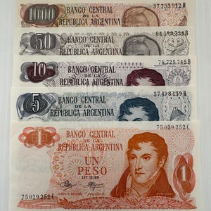 Argentina 1000, 50, 10, 5, 1 Peso Lot of 5 Banknotes 1980s-1990s Colorful
