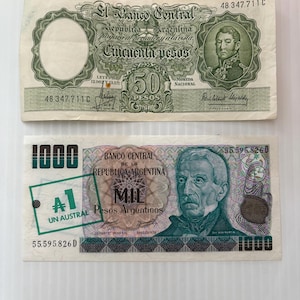 Argentina 50 Pesos, 1 Austral Lot of 2 Vintage Banknotes 1950s-1980s