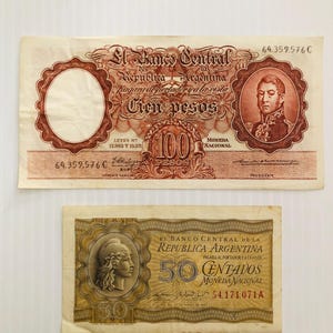 Argentina 100 Pesos, 50 Centavos Lot of 2 Vintage Banknotes 1950s