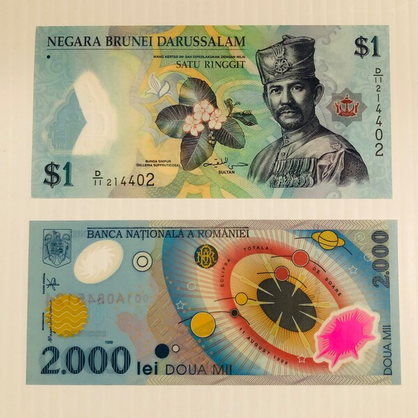 Polymeer Bankbiljetten Lot van 2: Brunei 1 Dollar en Roemenië 2000 Lei