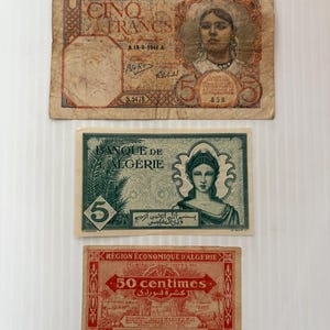 French Algeria 5 Francs und 50 Centimes 1940er Jahre Vintage Banknoten 2. Weltkrieg Lot von 3 Banknoten