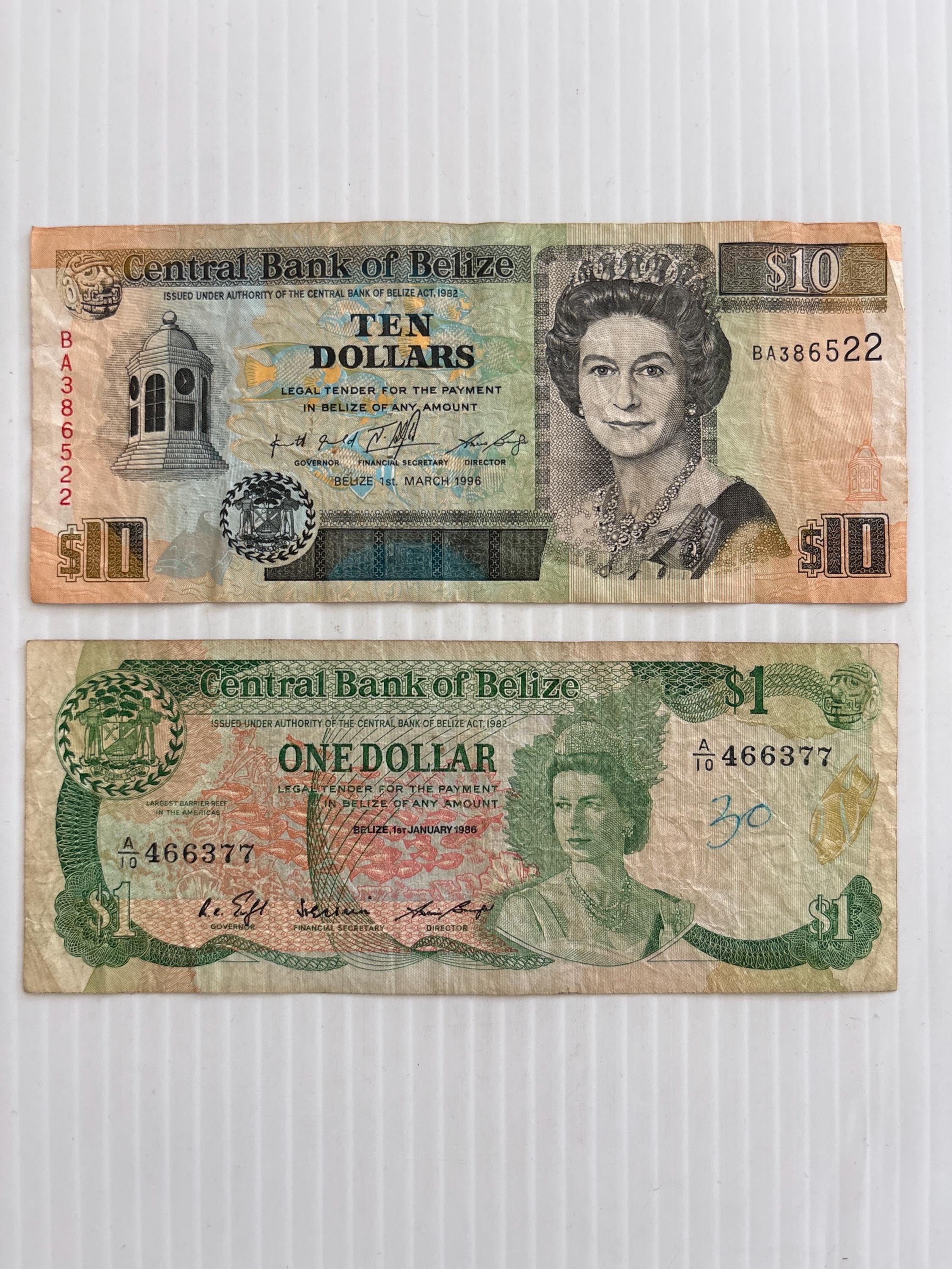 Belize 10 Dollars 1996 and 1 Dollar 1986 Lot of 2 Vintage Banknotes Queen  Elizabeth - Etsy