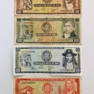 Peru 500, 100, 50, 10 Soles de Oro 1970s Lot of 4 Banknotes Colorful Ornate