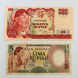 Indonesia 100, 5 Rupiah 1950s-1960s Lot of 2 Vintage Banknotes Colorful Ornate