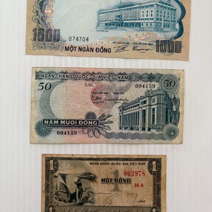 Vietnam (South) 1000, 50, 1 Dong Lot of 3 Vintage Banknotes 1950s-1960s