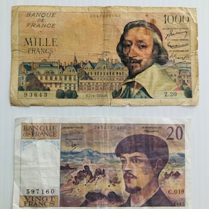 Frankreich 1000 Francs 1954 und 20 Francs 1987 Bunte Banknoten Lot von 2 Banknoten