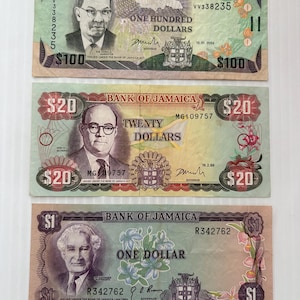 Jamaica 100, 20, 1 Dollars Lot of 3 Vintage Banknotes Colorful
