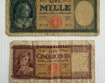 イタリア旧紙幣 リラ＋フランス旧紙幣 まとめ ユーロ導入前／コレクション用 イタリア 1000リラ紙幣と500リラ紙幣 1940年代～1950年代 女性 2枚