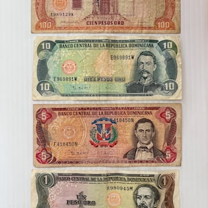 Dominican Republic 100, 10, 5, 1 Pesos Lot of 4 Vintage Banknotes 1980s-1990s