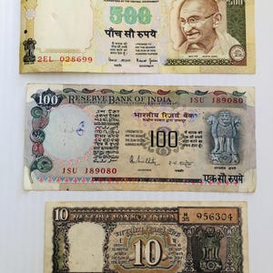 India 500, 100, 10 Rupees Old Vintage Lot of 3 Banknotes Colorful