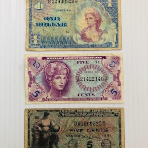 Lot of 3 United States Military Payment Certificates Currency 1940s-1970s
