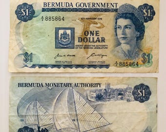 Bermudy 1 dolar Lata 70. Królowa Elżbieta 2, łódź, sceny oceaniczne